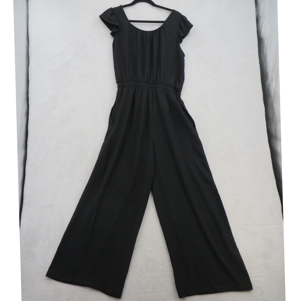 DOKOTOO Womens M Black Wide Leg Jumpsuit Flutter Sleeve Drawstring Romper